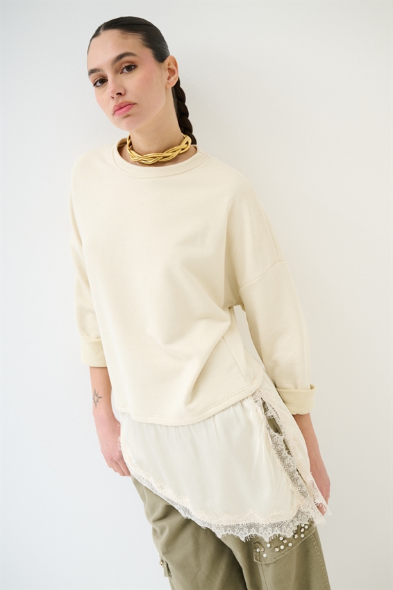 FELPA OVER CON RASO E PIZZO ASIMMETRICO BURRO