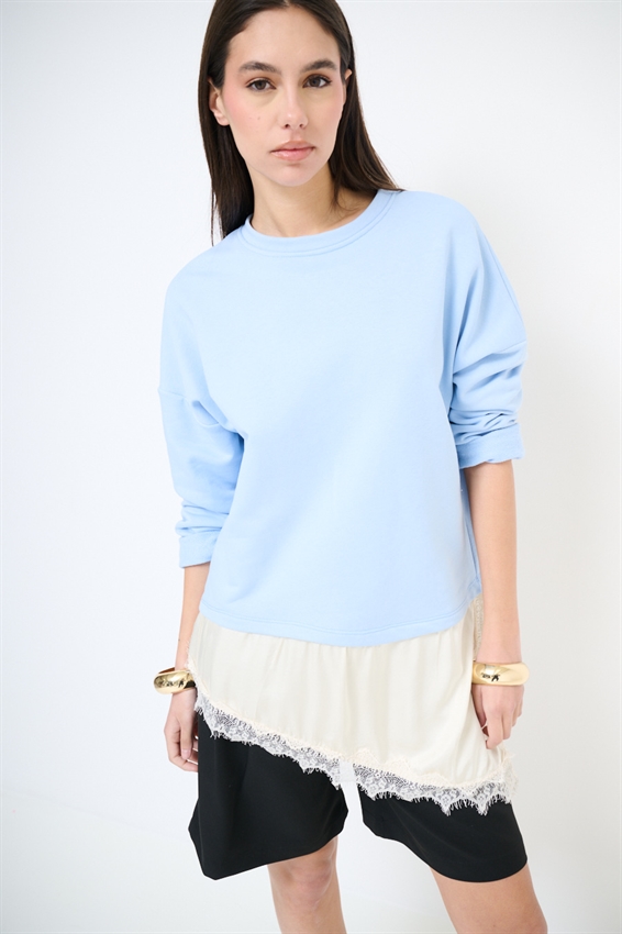 FELPA OVER CON RASO E PIZZO ASIMMETRICO CELESTE