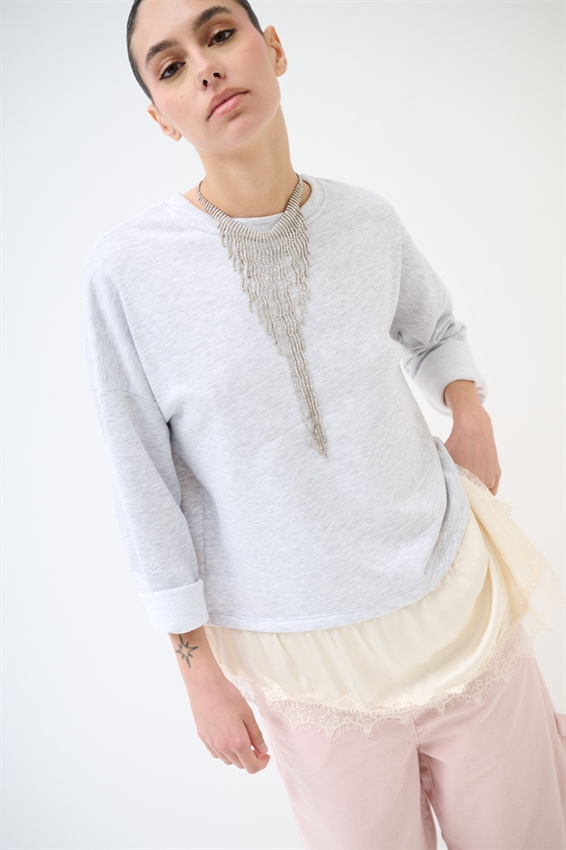 FELPA OVER CON RASO E PIZZO ASIMMETRICO GRIGIO