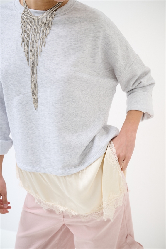 FELPA OVER CON RASO E PIZZO ASIMMETRICO GRIGIO