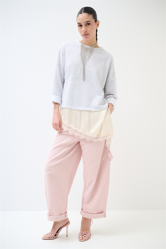 FELPA OVER CON RASO E PIZZO ASIMMETRICO GRIGIO