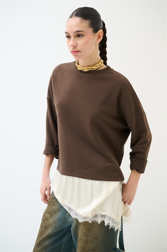 FELPA OVER CON RASO E PIZZO ASIMMETRICO MORO