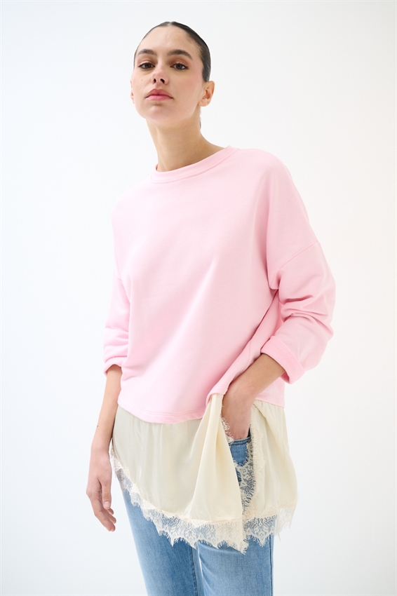 FELPA OVER CON RASO E PIZZO ASIMMETRICO ROSA