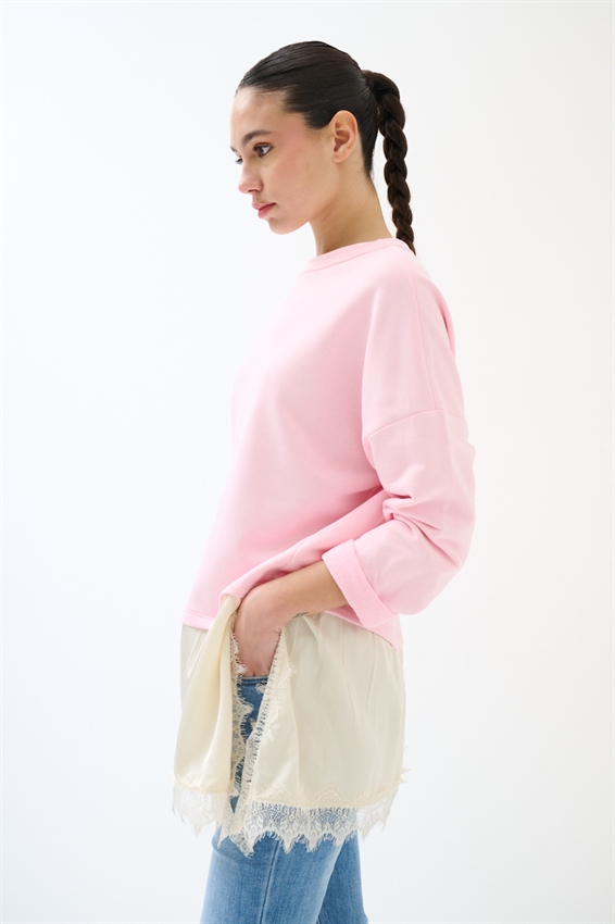 FELPA OVER CON RASO E PIZZO ASIMMETRICO ROSA