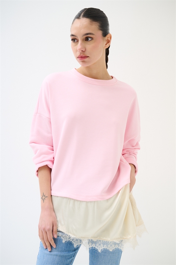 FELPA OVER CON RASO E PIZZO ASIMMETRICO ROSA