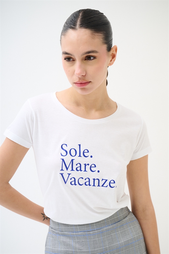 T-SHIRT BASIC CON STAMPA SOLE. MARE. VACANZE BIANCO