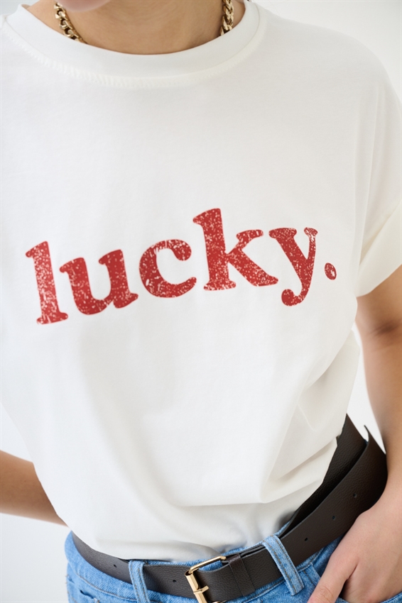 T-SHIRT CON STAMPA LUCKY EFFETTO VINTAGE BIANCO