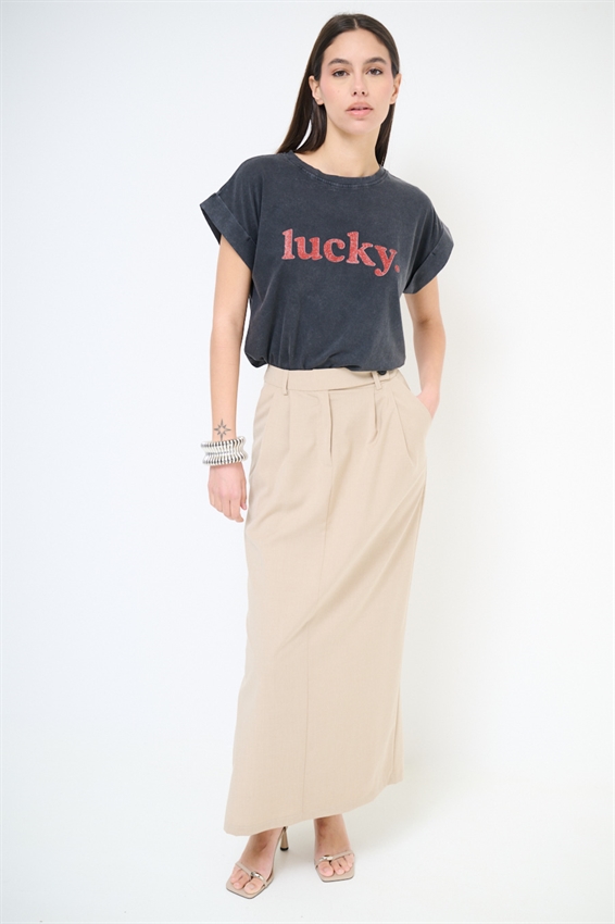 T-SHIRT CON STAMPA LUCKY EFFETTO VINTAGE GRIGIO