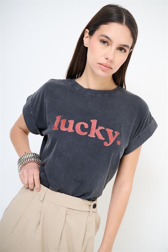 T-SHIRT CON STAMPA LUCKY EFFETTO VINTAGE GRIGIO