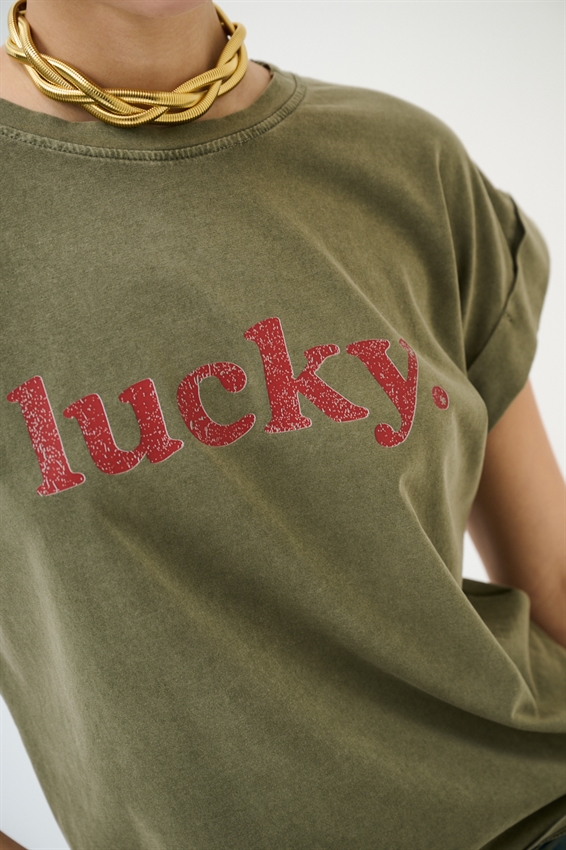 T-SHIRT CON STAMPA LUCKY EFFETTO VINTAGE VERDE MILITARE