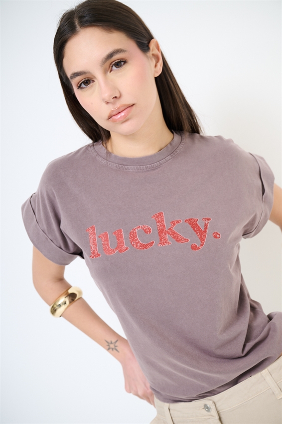 T-SHIRT CON STAMPA LUCKY EFFETTO VINTAGE MORO