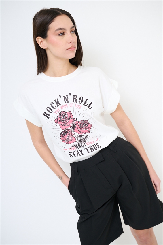T-SHIRT STAMPA ROCK N ROLL BIANCO