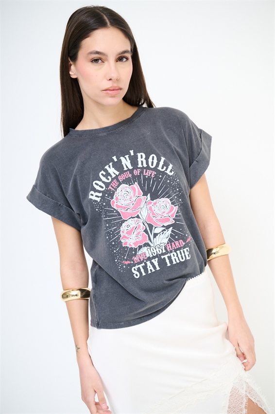 T-SHIRT STAMPA ROCK N ROLL GRIGIO