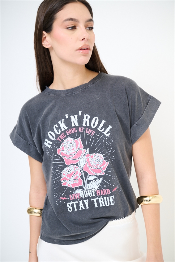 T-SHIRT STAMPA ROCK N ROLL GRIGIO