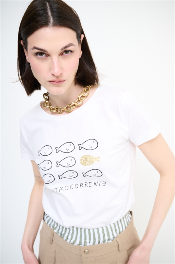 T-SHIRT CON STAMPA CONTROCORRENTE BIANCO