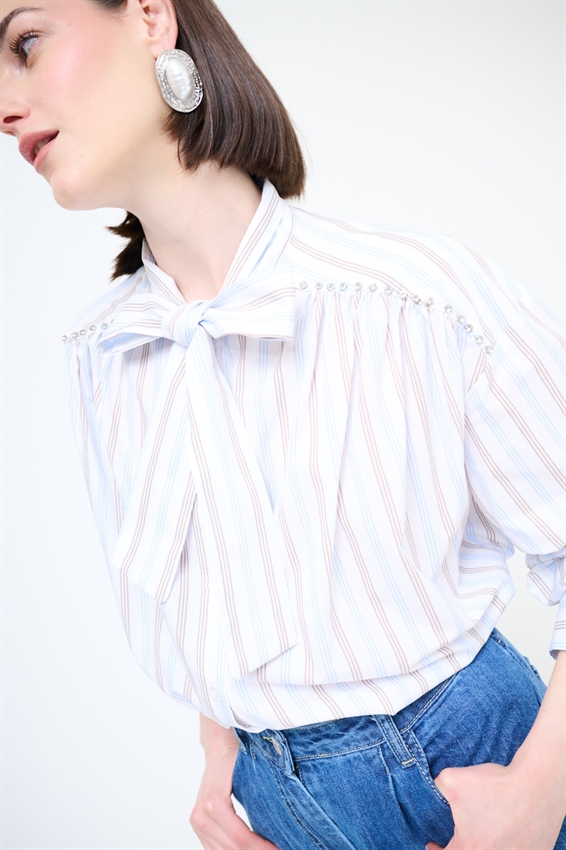 CAMICIA OVER RIGA CASTONI + FIOCCO TABACCO