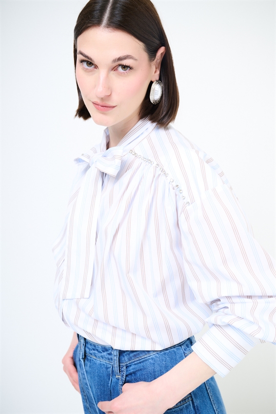 CAMICIA OVER RIGA CASTONI + FIOCCO TABACCO