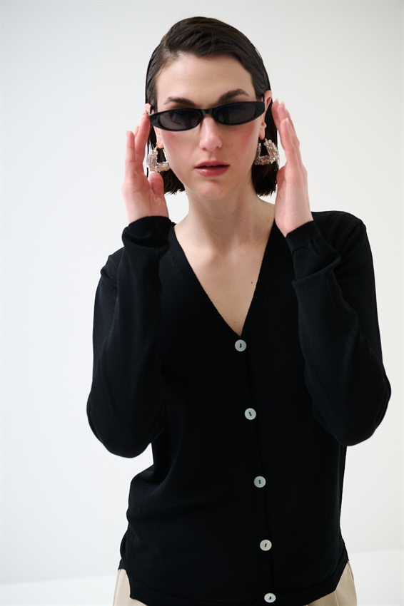 CARDIGAN MANICA LUNGA CON SCOLLO A V NERO