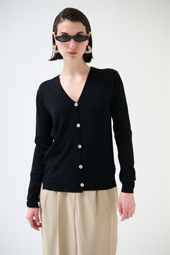 CARDIGAN MANICA LUNGA CON SCOLLO A V NERO