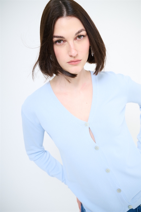 CARDIGAN MANICA LUNGA CON SCOLLO A V CELESTE