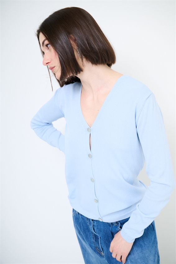CARDIGAN MANICA LUNGA CON SCOLLO A V CELESTE