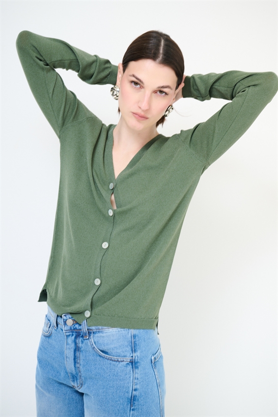 CARDIGAN MANICA LUNGA CON SCOLLO A V VERDE MILITARE