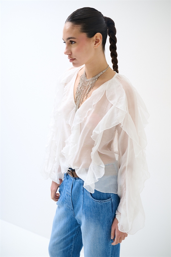 BLUSA CON SCOLLO A V E JABOT PANNA