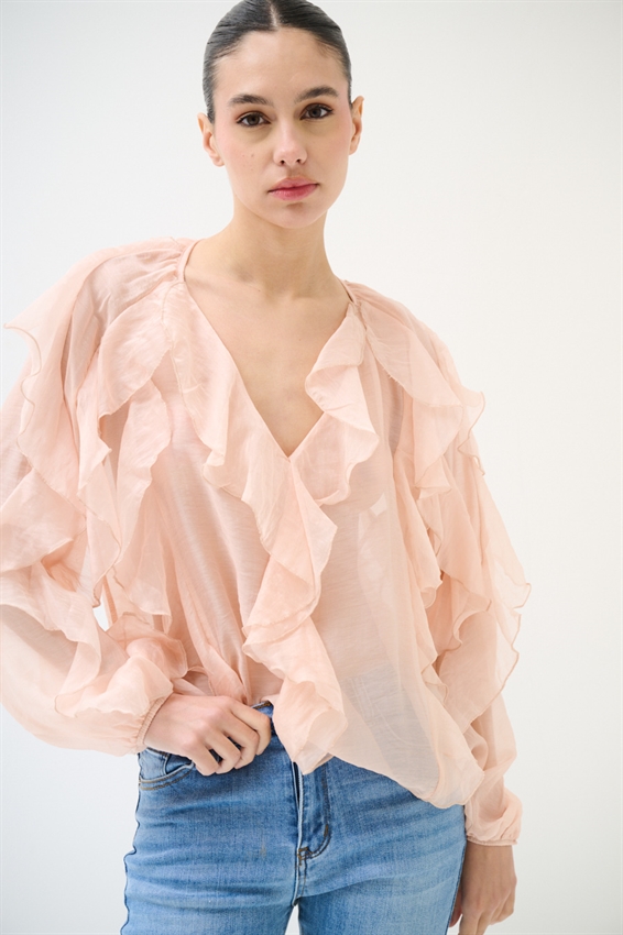 BLUSA CON SCOLLO A V E JABOT ROSA