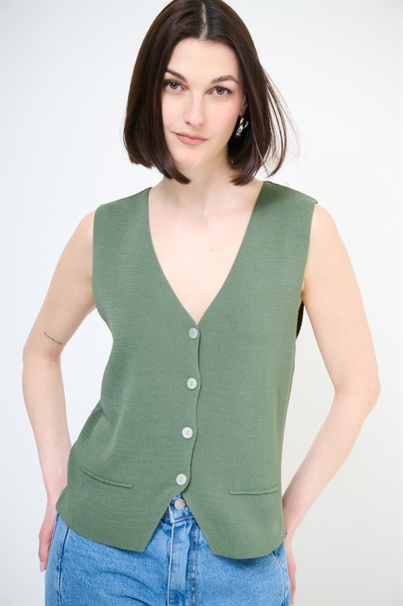 GILET CON BOTTONI A COSTINE VERDE MILITARE