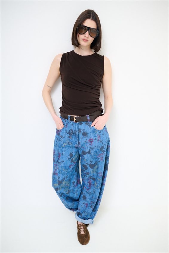 JEANS BALLOON CON STAMPA FIORI E IMPUNTURA BLU MEDIO