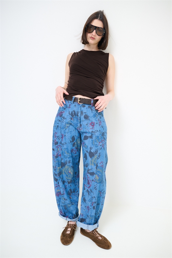 JEANS BALLOON CON STAMPA FIORI E IMPUNTURA BLU MEDIO