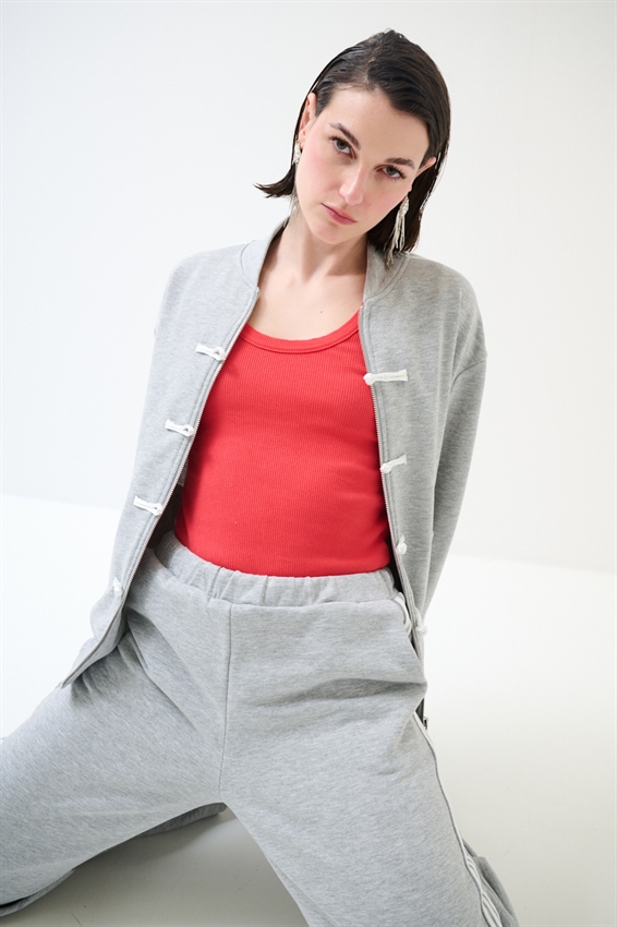 FELPA ZIP CON BANDE BIANCHE E ALAMARI GRIGIO