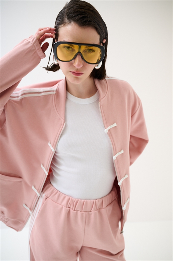 FELPA ZIP CON BANDE BIANCHE E ALAMARI ROSA