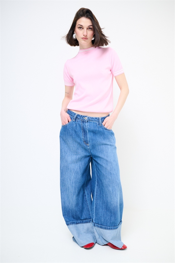 MAGLIA A MEZZA MANICA CON BORDO BICOLORE PINK