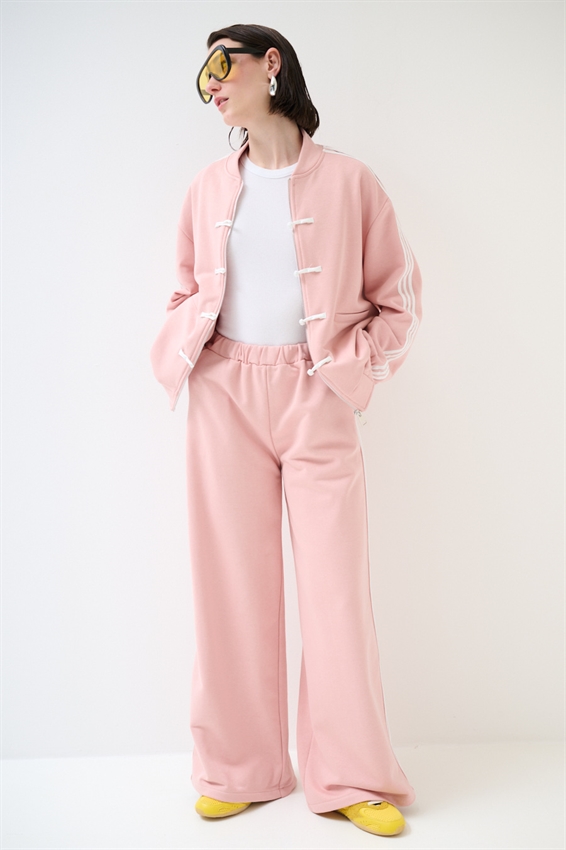 PANTALONE FELPA A PALAZZO CON BANDE ROSA