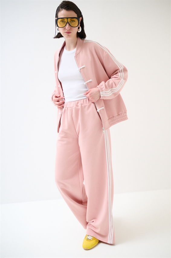 PANTALONE FELPA A PALAZZO CON BANDE ROSA