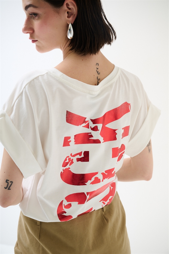 T-SHIRT CON STAMPA ROCK LAMINATA ROSSO