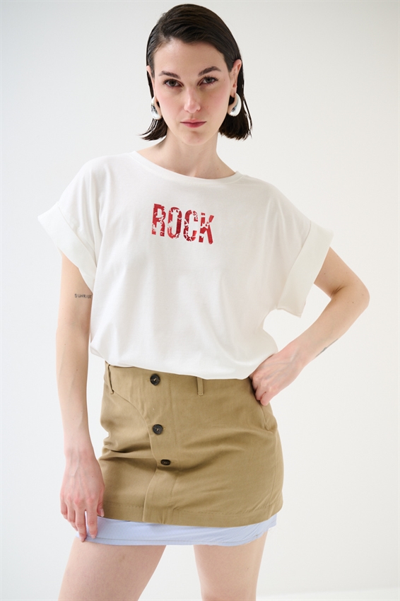 T-SHIRT CON STAMPA ROCK LAMINATA ROSSO