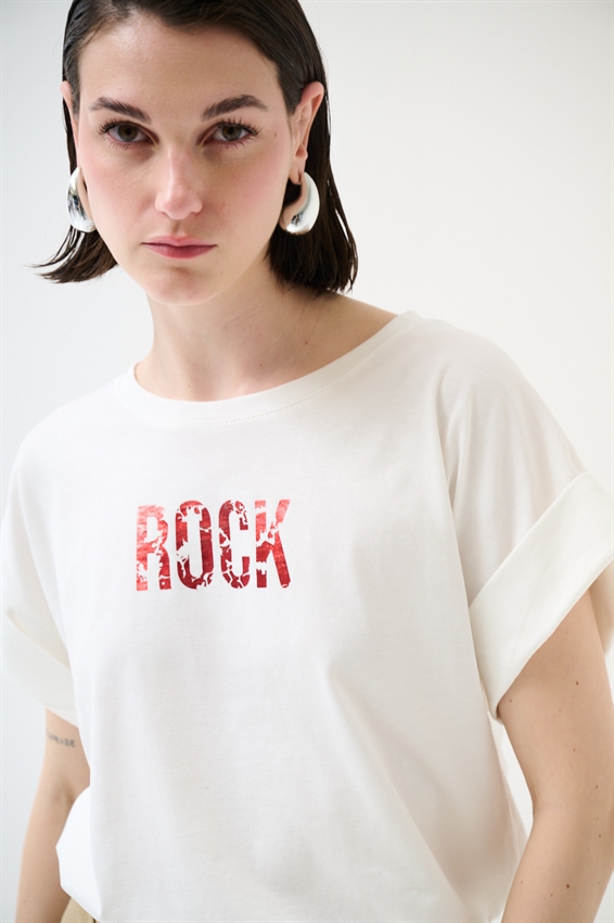 T-SHIRT CON STAMPA ROCK LAMINATA ROSSO