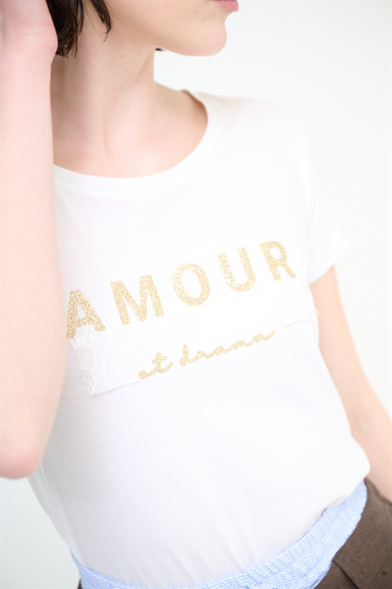 T-SHIRT BASIC STAMPA AMOUR GLITTER + PIZZO BIANCO