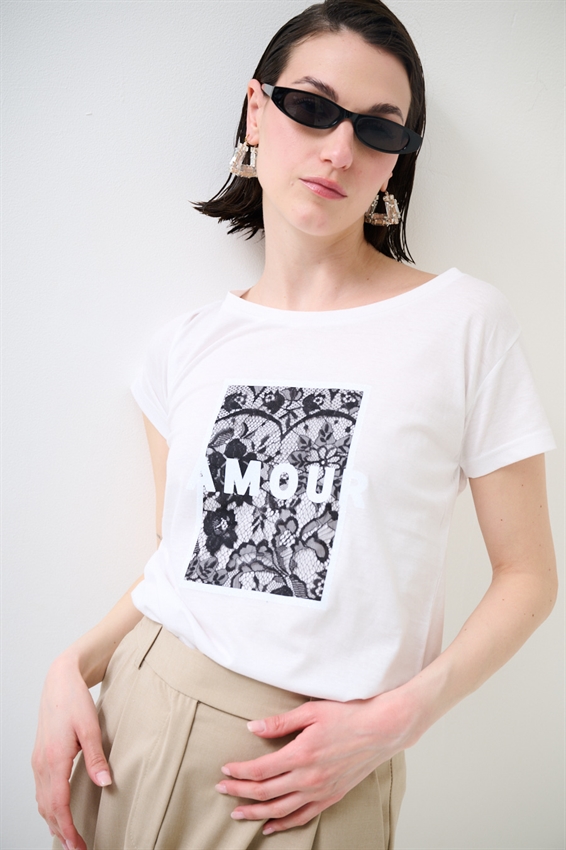 T-SHIRT BASIC STAMPA AMOUR GLITTER + PIZZO BIANCO
