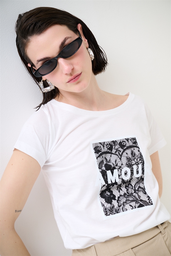 T-SHIRT BASIC STAMPA AMOUR GLITTER + PIZZO BIANCO