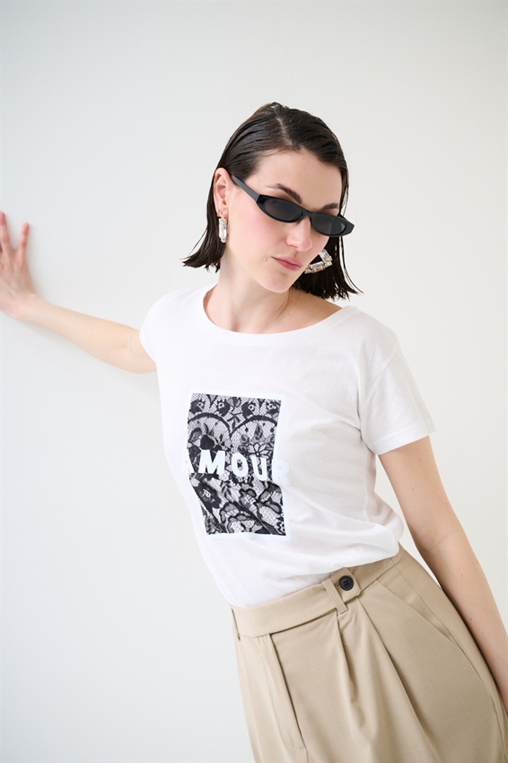 T-SHIRT BASIC STAMPA AMOUR GLITTER + PIZZO BIANCO