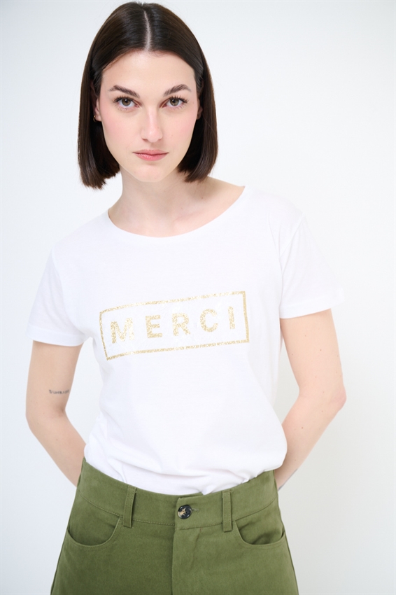T-SHIRT BASIC CON STAMPA MERCI GLITTER + PIZZO BIANCO