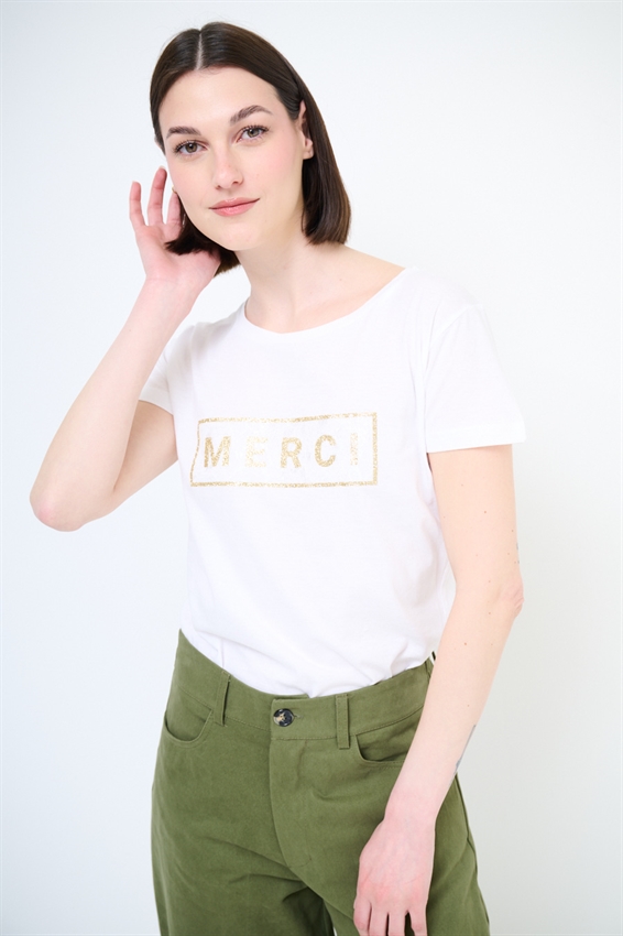 T-SHIRT BASIC CON STAMPA MERCI GLITTER + PIZZO BIANCO