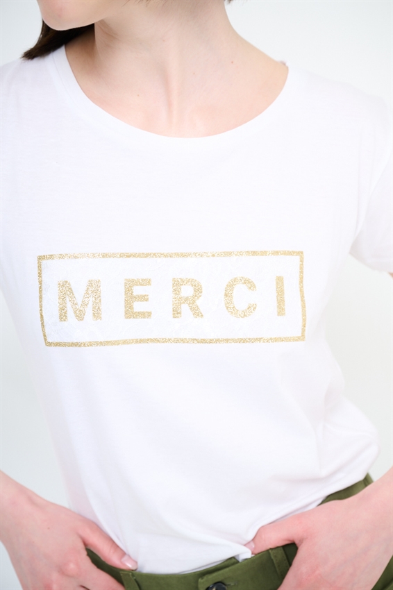 T-SHIRT BASIC CON STAMPA MERCI GLITTER + PIZZO BIANCO