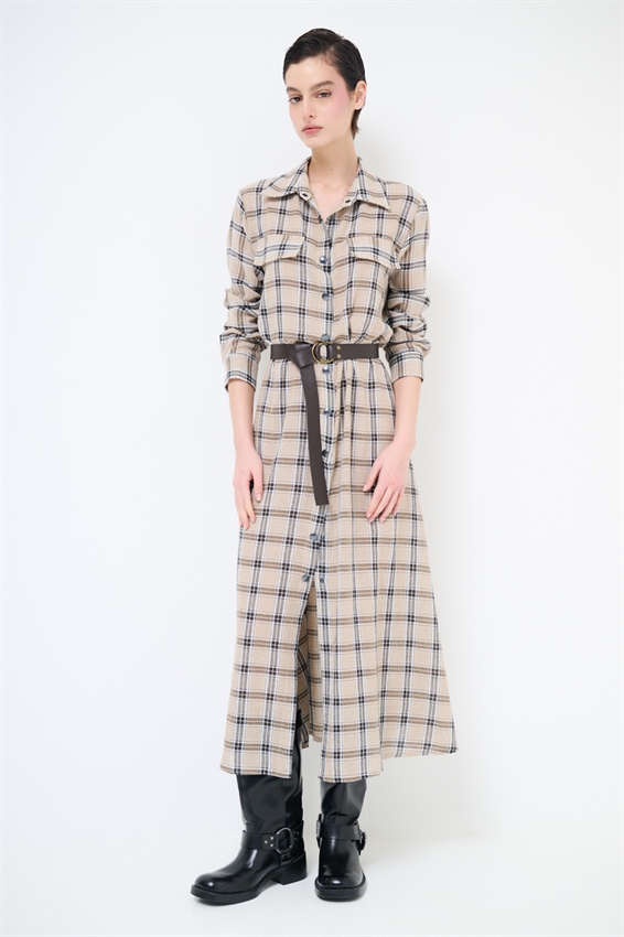 ABITO CHEMISIER A QUADRI CON CINTURA E BOTT.