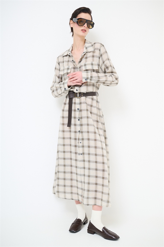 ABITO CHEMISIER A QUADRI CON CINTURA E BOTT.