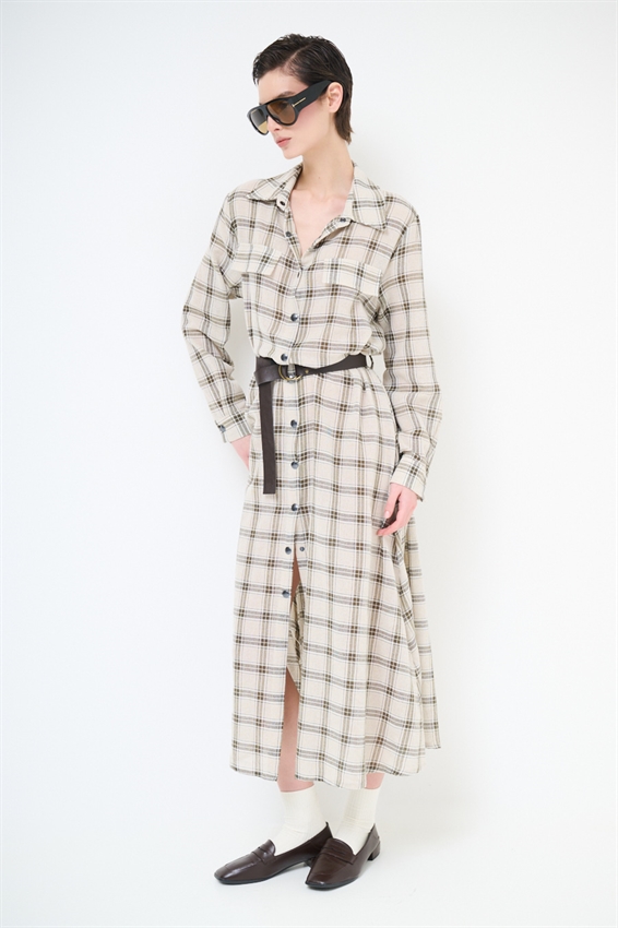 ABITO CHEMISIER A QUADRI CON CINTURA E BOTT.