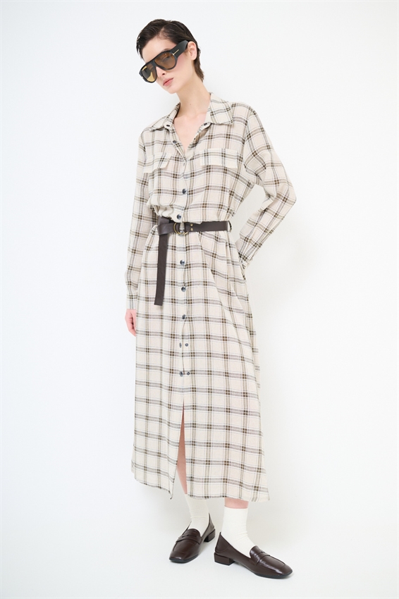 ABITO CHEMISIER A QUADRI CON CINTURA E BOTT.